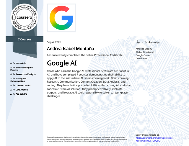 Google AI course completion certificate for Andrea Isabel Montaña.