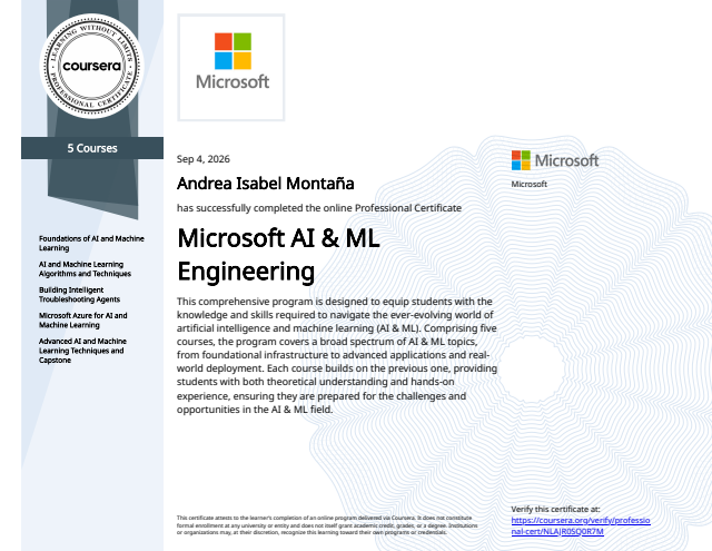 Microsoft AI & ML Engineering certificate for Andrea Isabel Montaña, issued September 4, 2026.