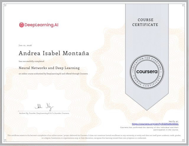 Neural Networks and Deep Learning course certificate for Andrea Isabel Montaña.