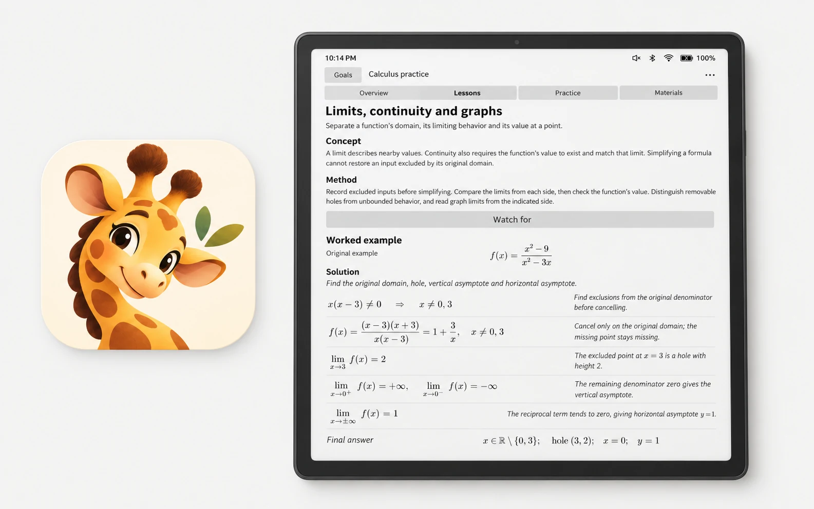 Plia giraffe app icon on the left, with an e-ink tablet displaying a calculus lesson on the right; product illustration